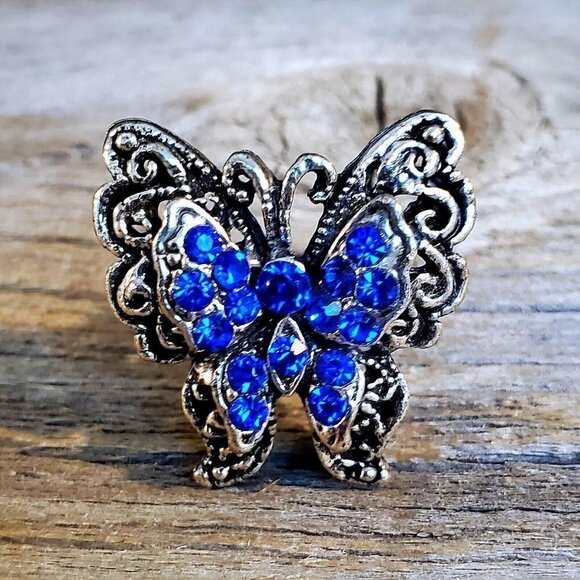 Vintage Y2K 90s Cobalt Blue Crystal Butterfly Silver Adjustable Cocktail Ring - Picture 1 of 8